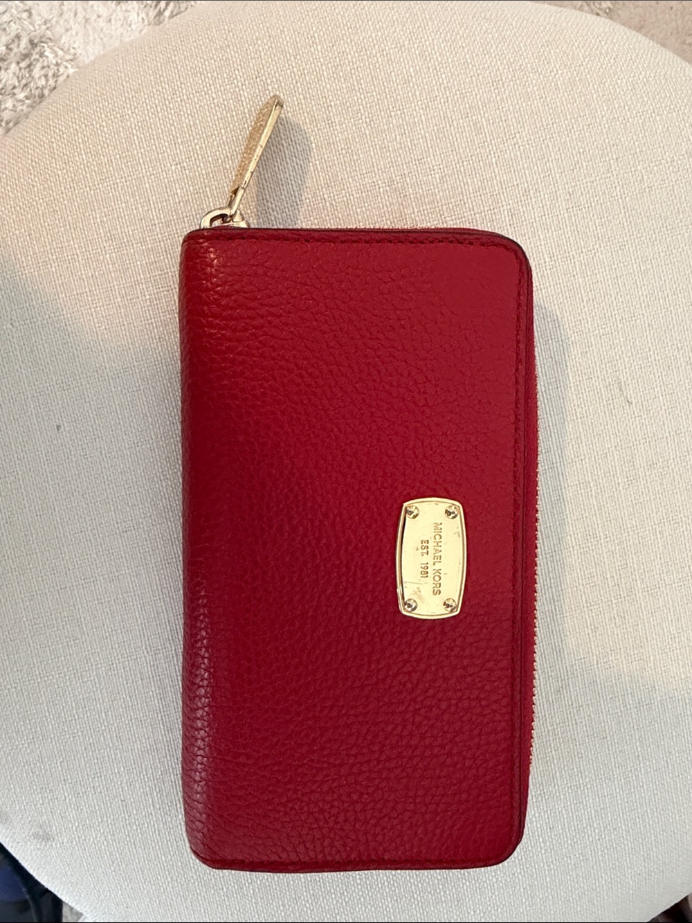 Michael Kors Red Pebbled Leather Zip Wallet with Gold Plaque
